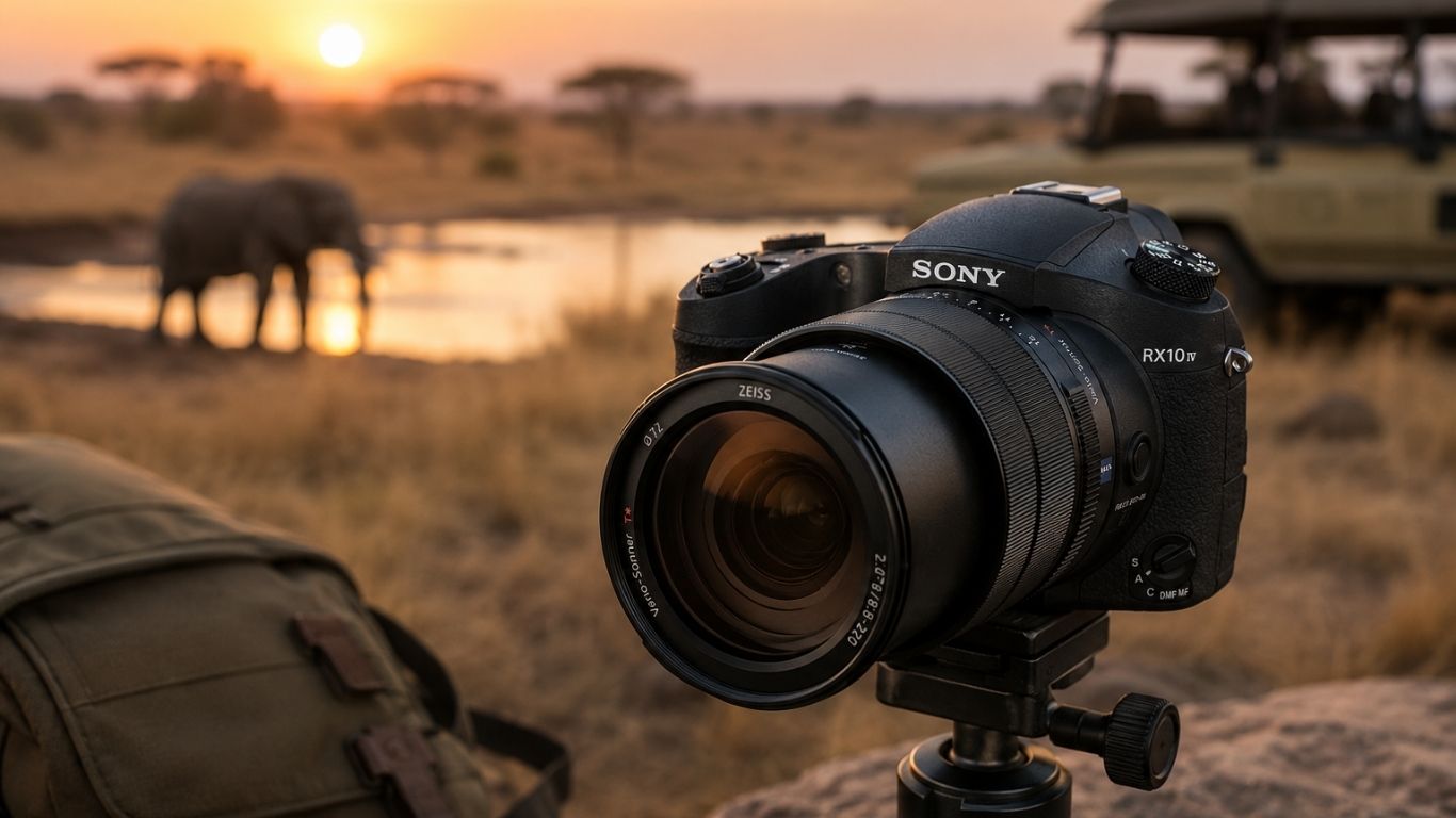 מצלמת Sony RX10 IV לצילום טבע וספארי בשעת השקיעה עם זום ארוך ובעלי חיים ברקע